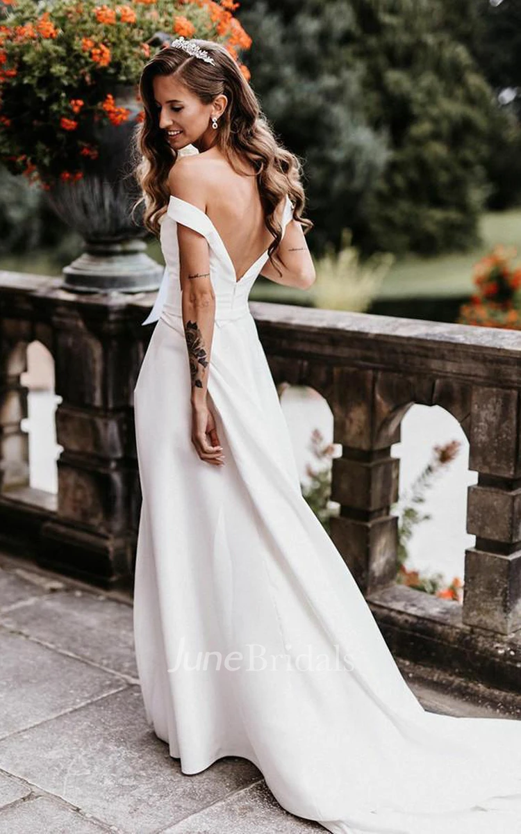 Casual Satin Off-the-shoulder A Line Floor-length Wedding Dress with Split Front