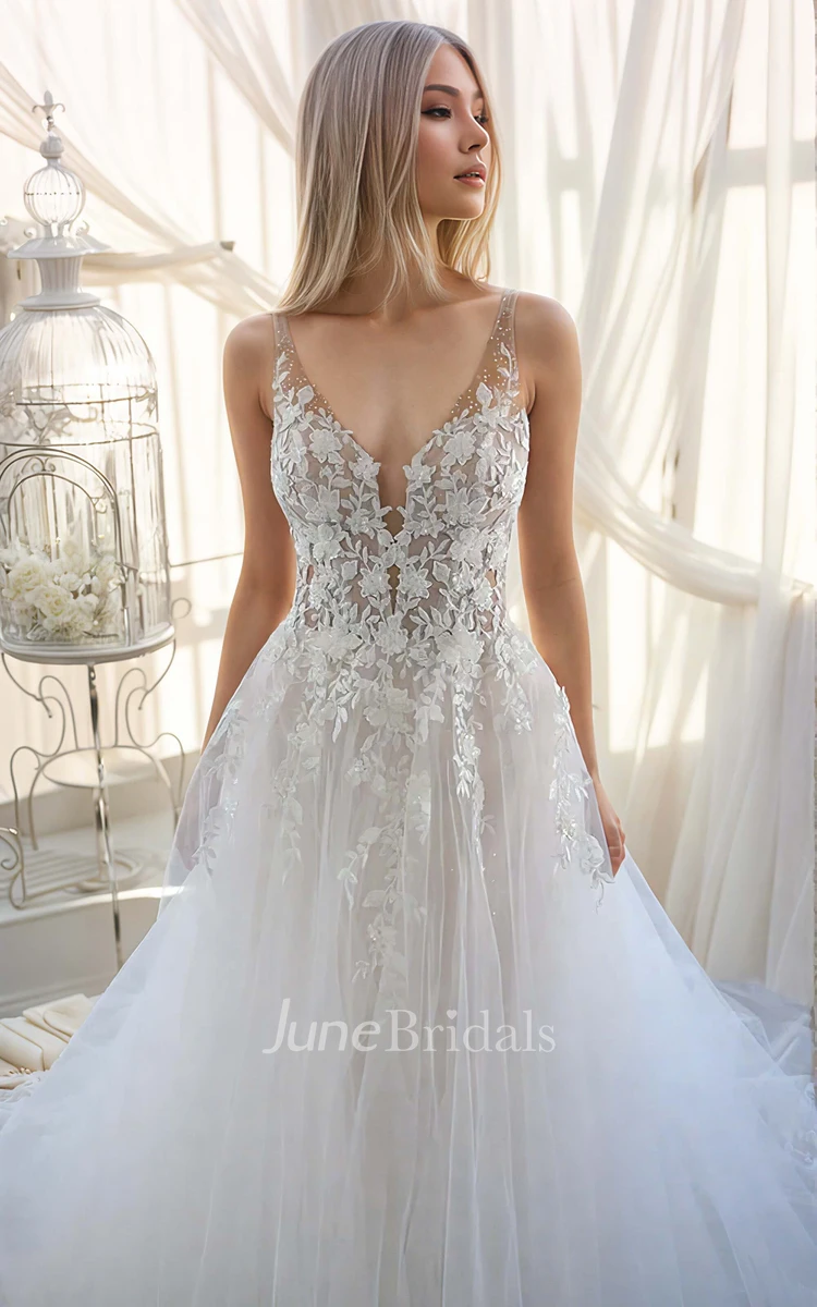 Ethereal Plus Size Floor-length Lace Appliques Tulle Boho A-Line Plunging Neckline Straps Garden Sleeveless Button V Back Bridal Wedding Gown with Train