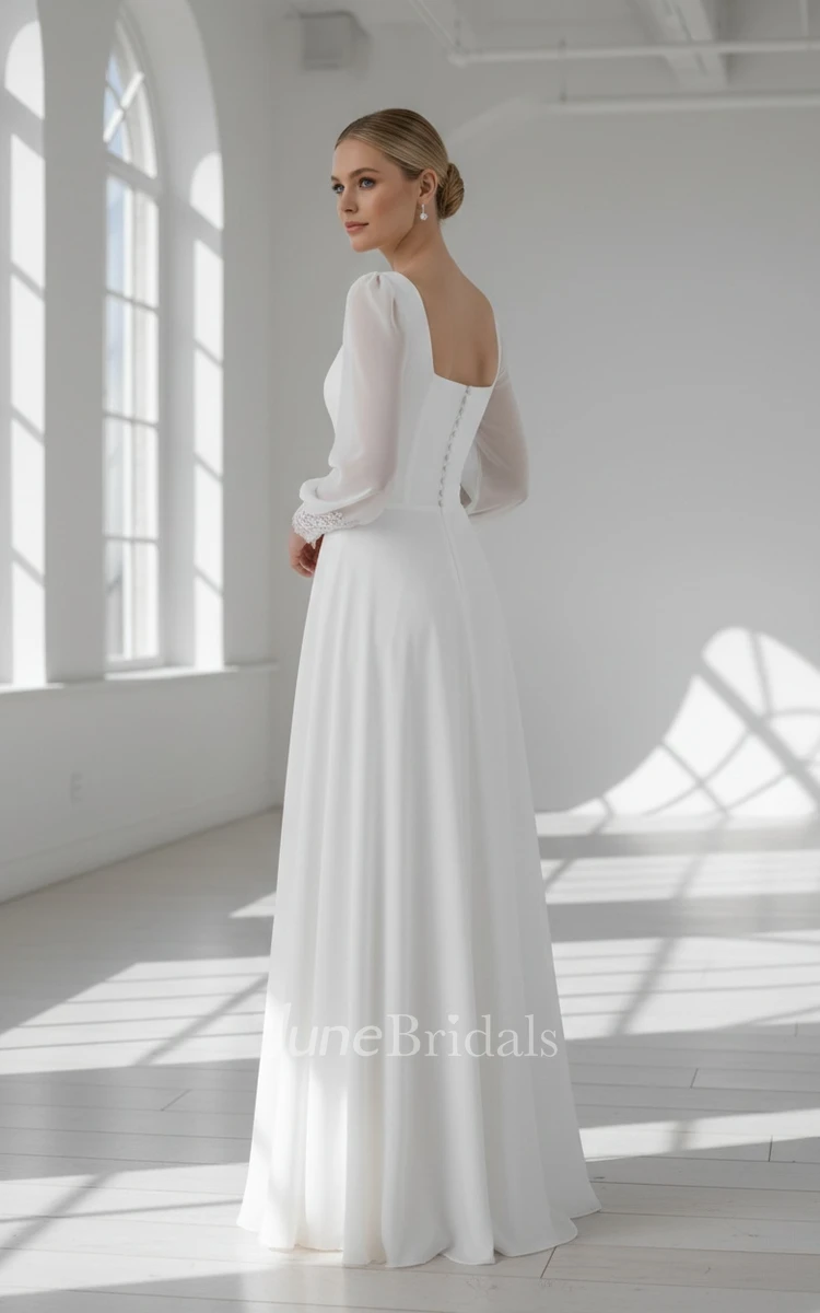 Simple Modest Classic A-line Long Poet Sleeve Satin Chiffon Spring Wedding Dress Modern Minimalist Sweetheart Floor Length Bridal Gown
