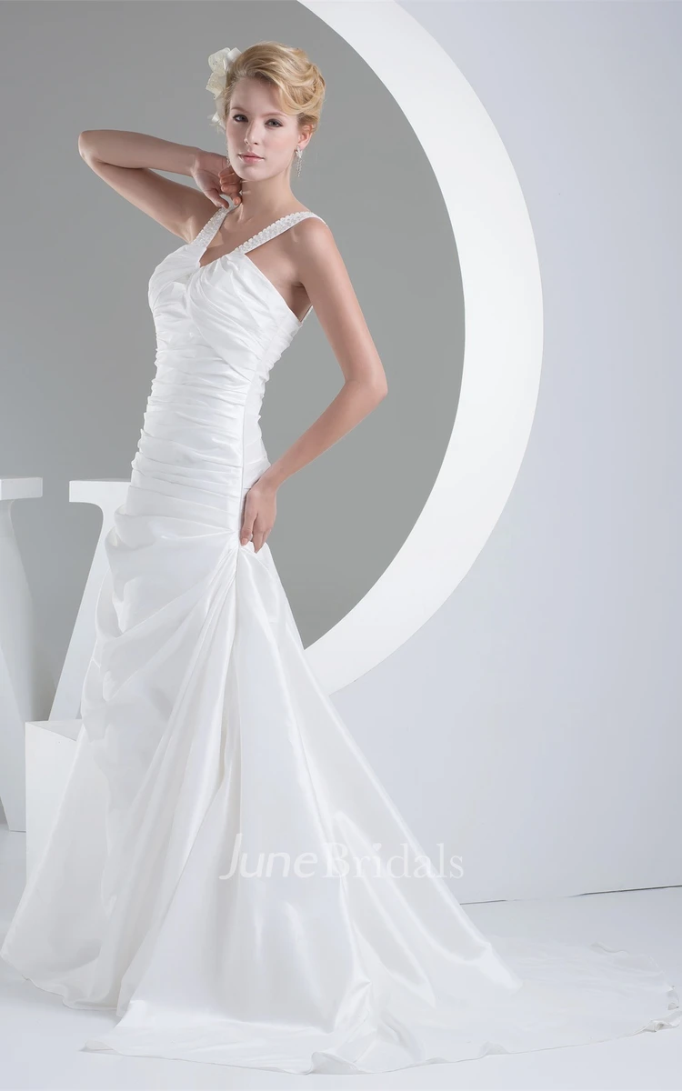 Notched Sleeveless Pick-Up A-Line Gown with Beaded Straps