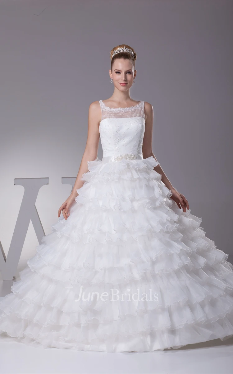 Tiered A-Line Ruffled Ball Gown with Illusion Neckline