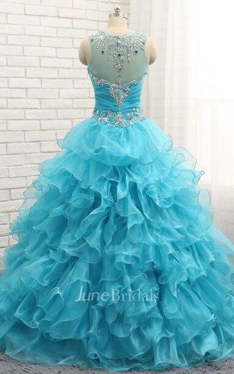 Beaded Organza Ball Gown With Ruffles And Crystals