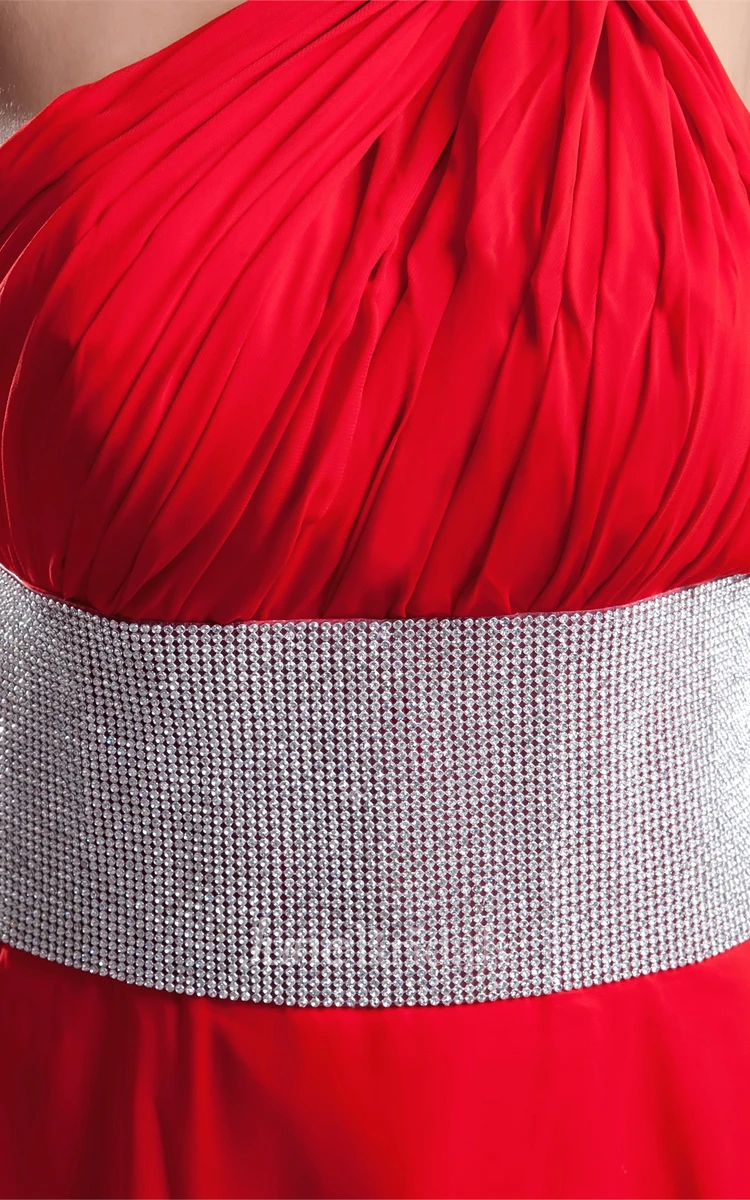 Flamboyant Chiffon One-Shoulder Long Dress with Jeweled Waist