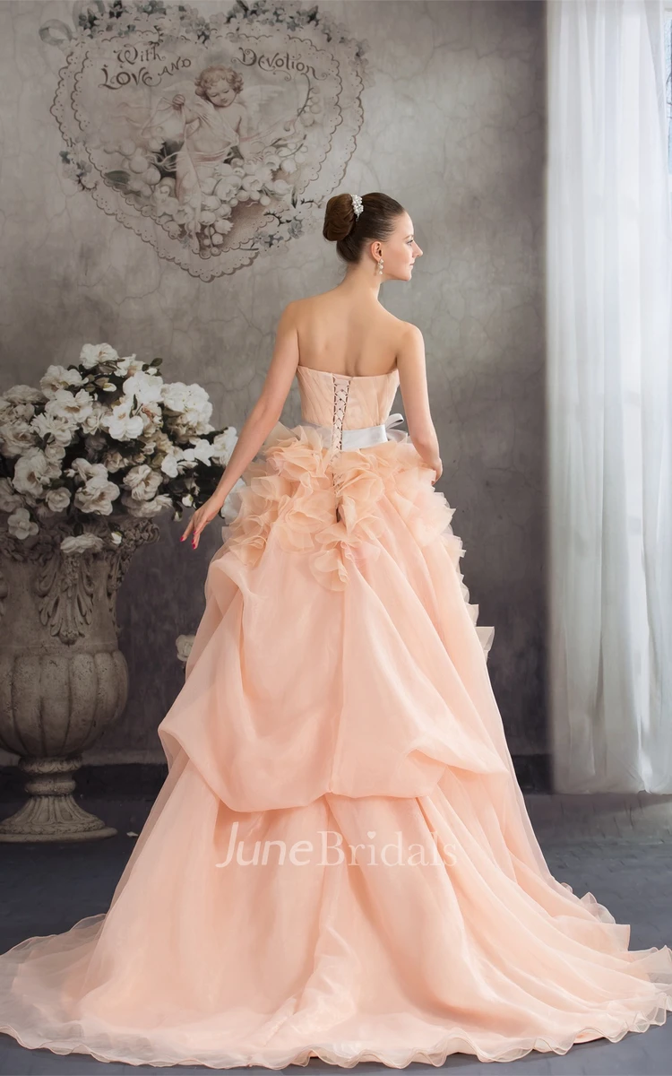 Strapless Ruched Pick-Up Gown with Ruffles and Bow