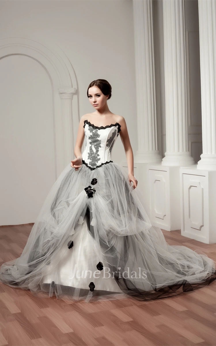 Strapless Tulle A-Line Dress with Appliques and Flower