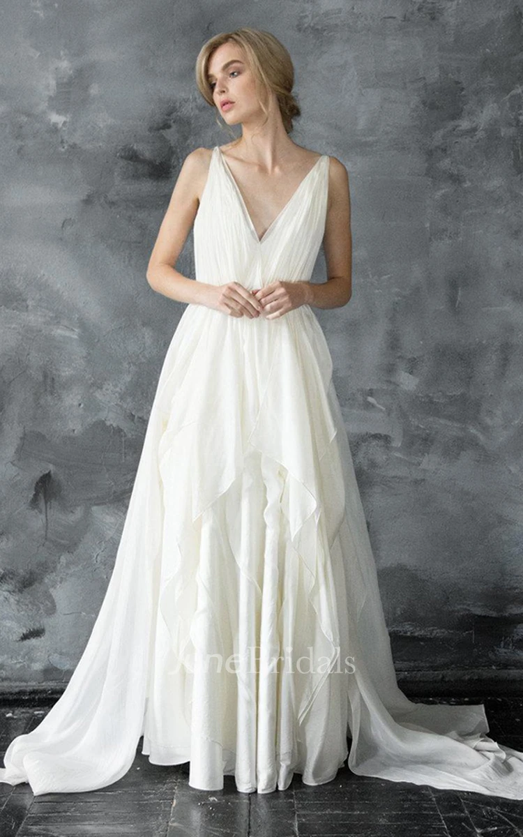 Plunged Sleeveless Chiffon Floor-Length Dress With Pleats And Draping