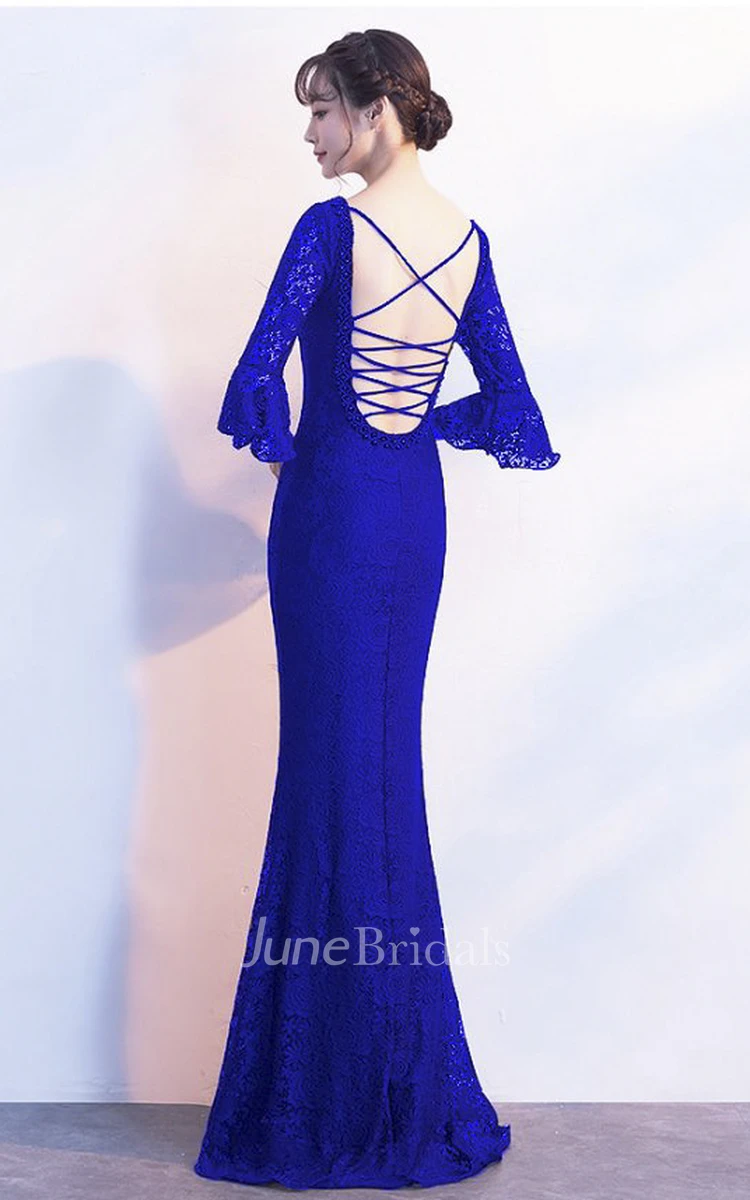 3/4 Poet Sleeve Sexy Mermaid Gown With Deep V-neck And Straps Back