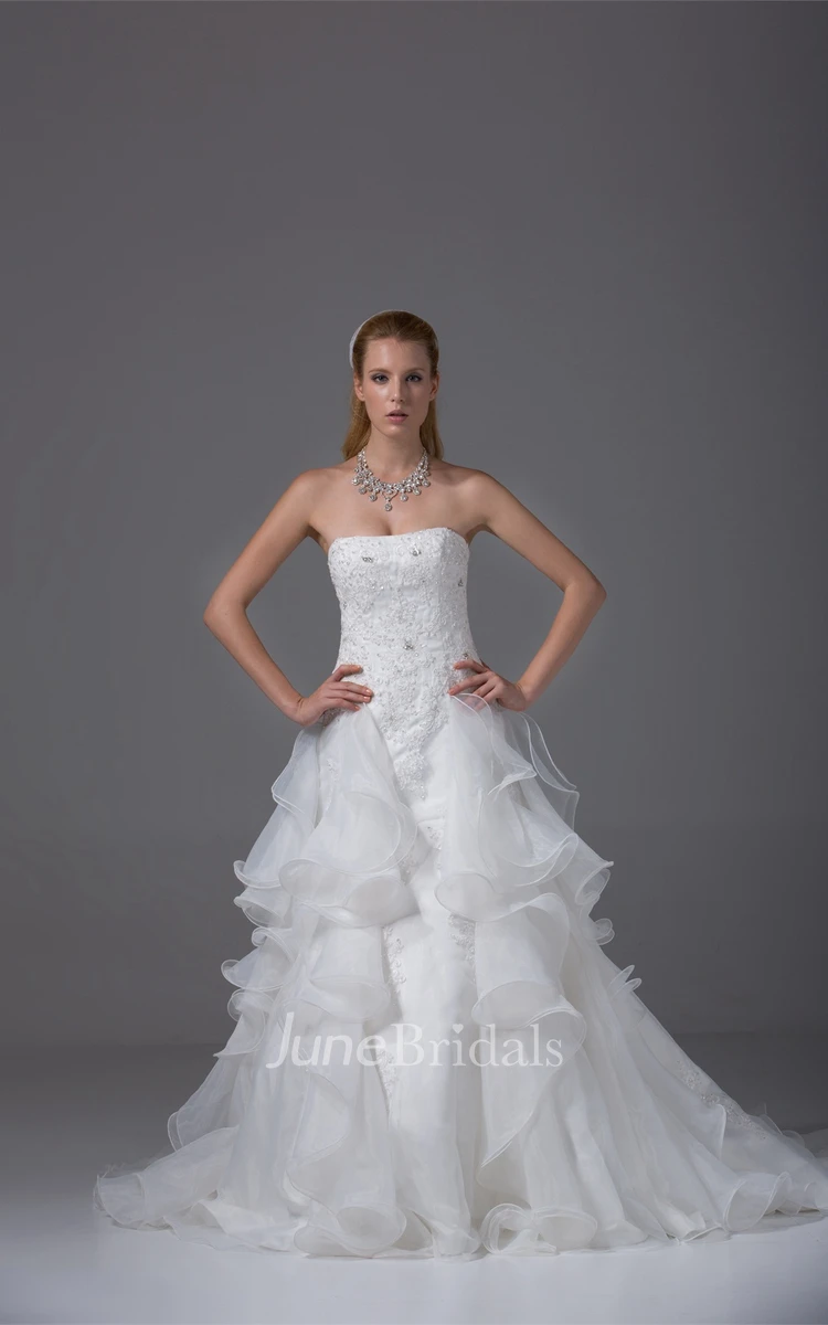 Ruffled A-Line Gown with Appliques and Crystal Detailing