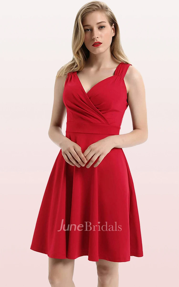 A Line V-neck Jersey Sleeveless Prom Cocktail Dress With Ruffles