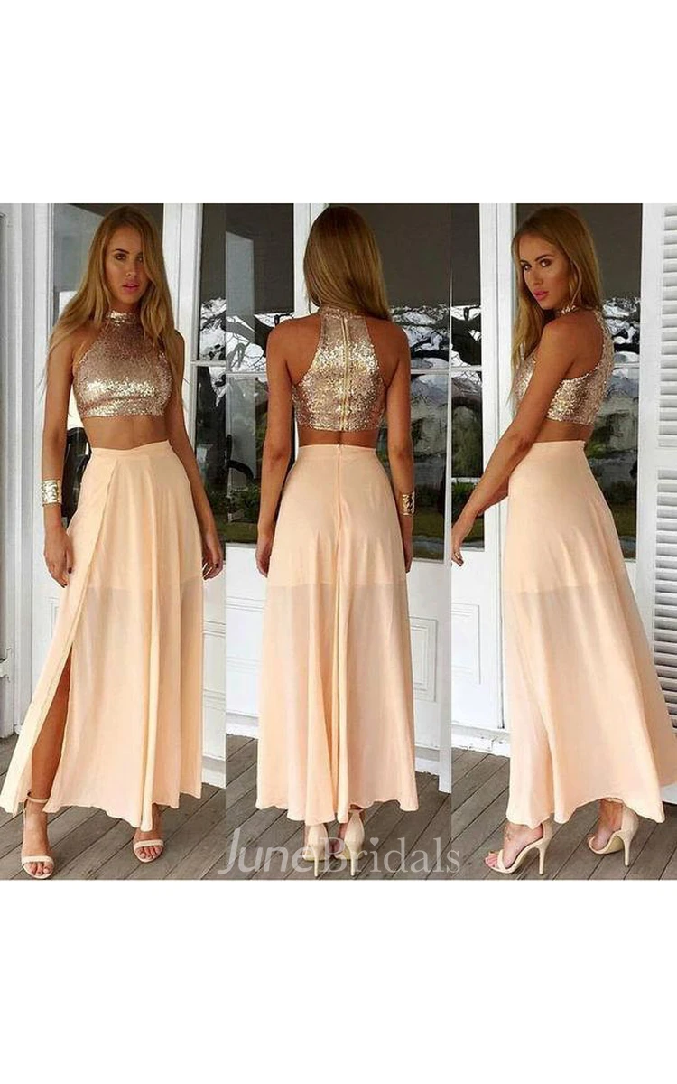 Newest Sequined Two Piece Prom Dress Front Split Floor-length