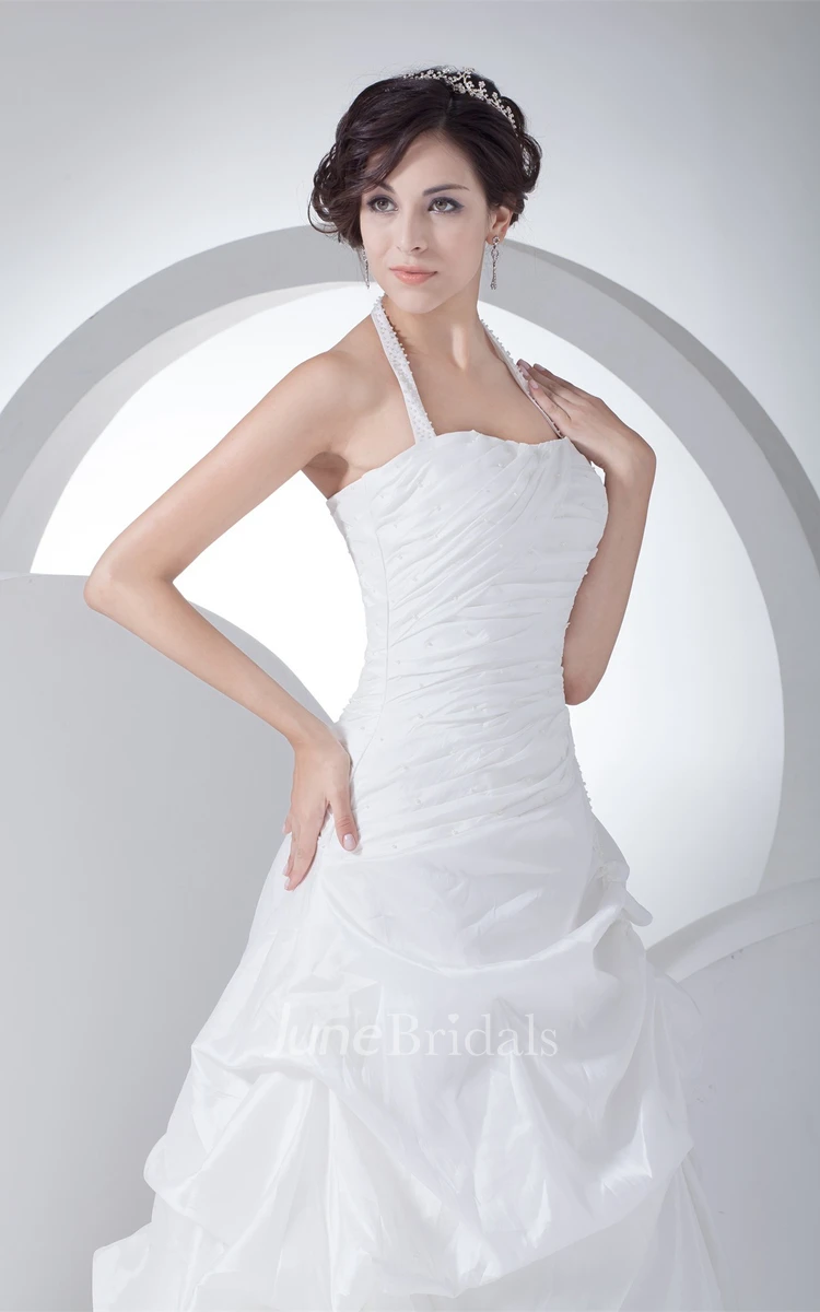 Ruched A-Line Pick-Up Gown with Halter and Corset Back