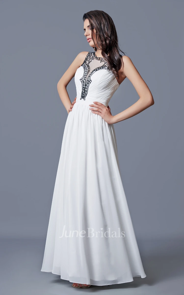 Jewel Neckline Pleated A-line Long Chiffon Dress