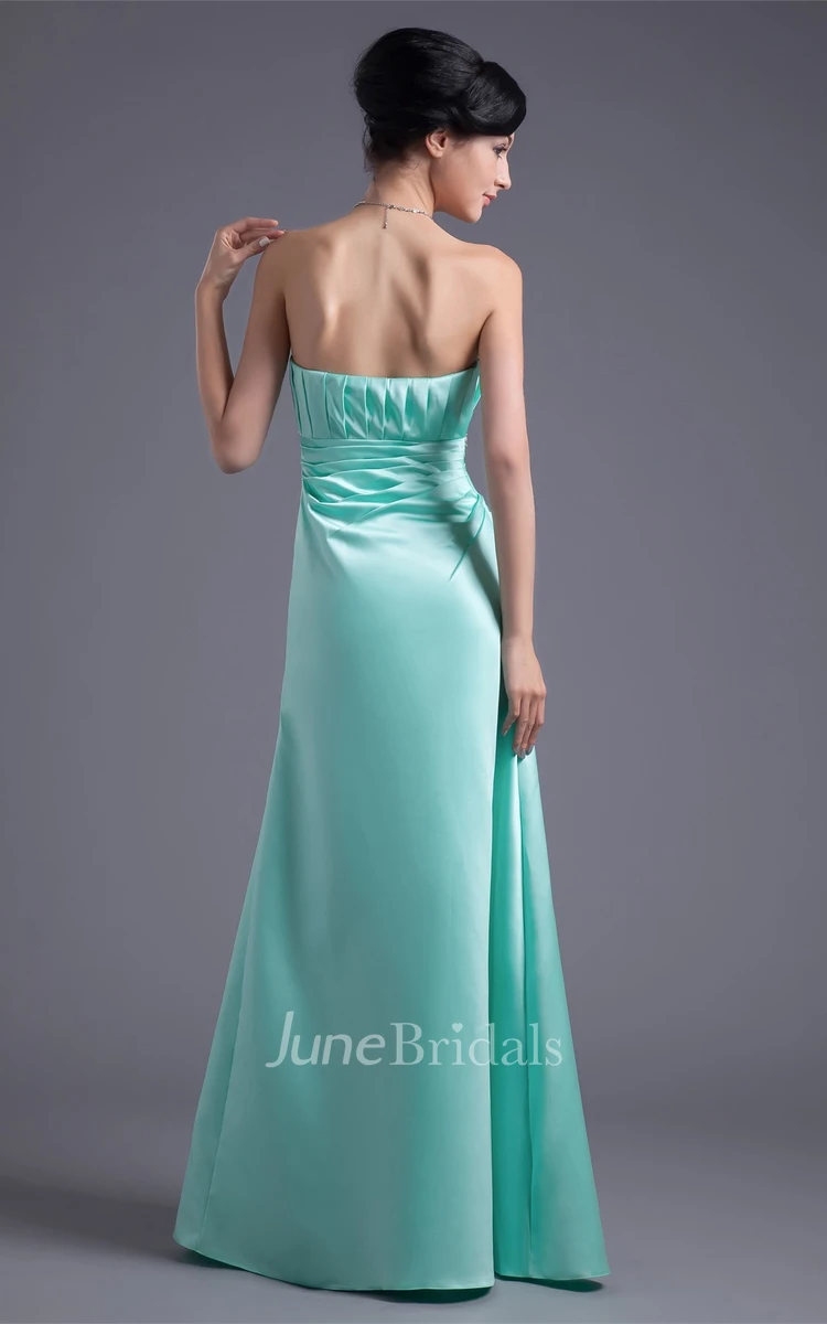 Strapless Satin A-Line Dress with Ruching and Gemmed Waist