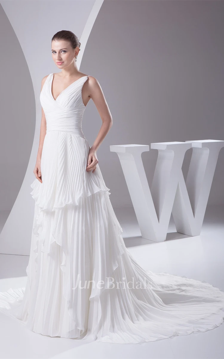 Chiffon Deep-V-Neck A-Line Gown with Draping and Pleats