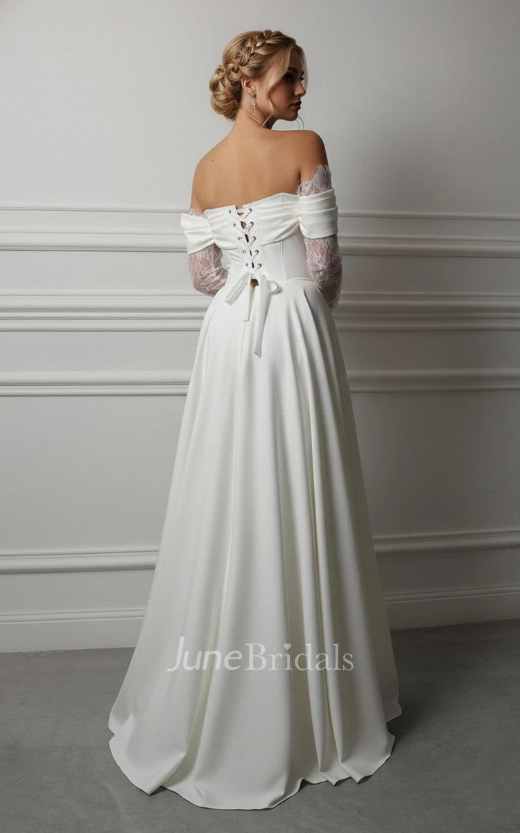 Modern A-Line Off-the-Shoulder Wedding Dress Lace Long Sleeve Corset Gown with High Slit