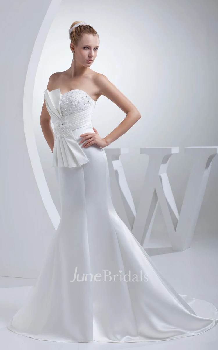 Satin Strapless Sheath Beaded Dress With Bow and Trumpet Silhouette