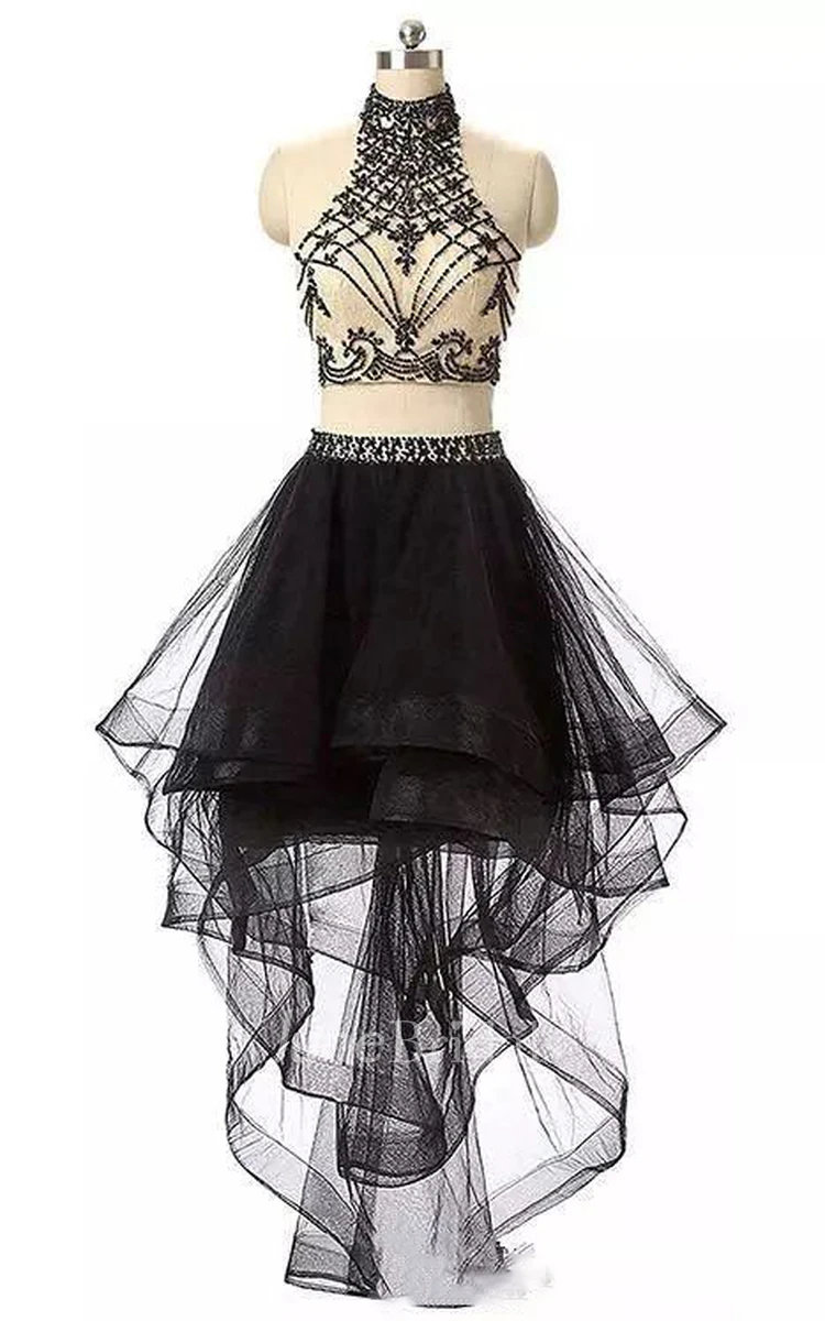 Two Piece High Neck Sleeveless Beading Pleats Ruffles High-low Tulle Homecoming Dress