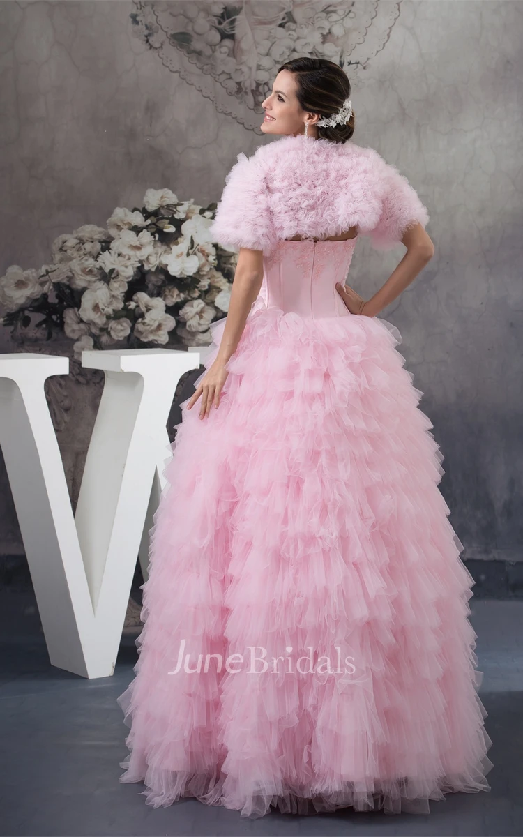 Strapless Ruffled Ball Gown with Appliques and Bolero