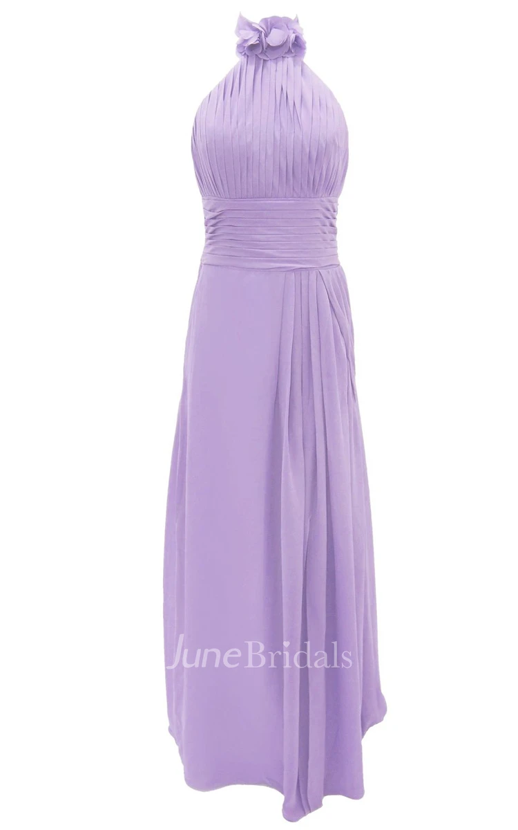 Floral Halter Pleated A-line Gown With Ruched Band