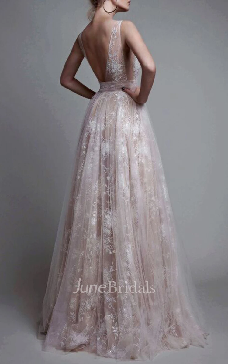 A-Line Plunging Neckline Lace Tulle Garden Prom Dress Simple Casual Sexy Romantic Adorable With Deep-V Back And Appliques