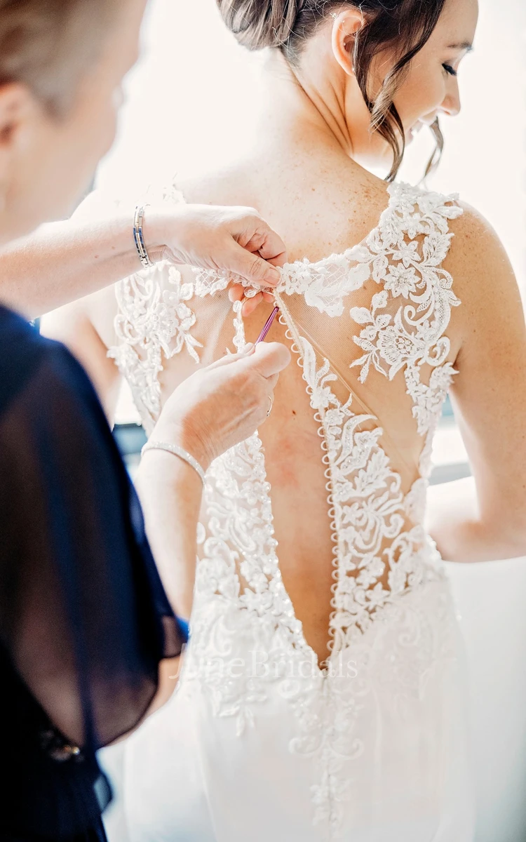 Mermaid Jewel Neck Floor-length Sleeveless Wedding Dress Bride Gowns with Appliques