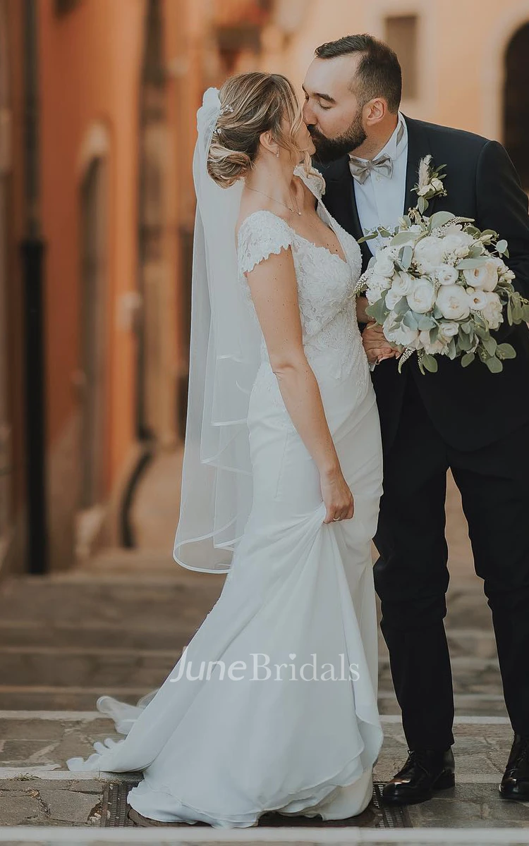 Sheath V-neck Chiffon Modern Wedding Dress With Short Sleeve And Sweep Train