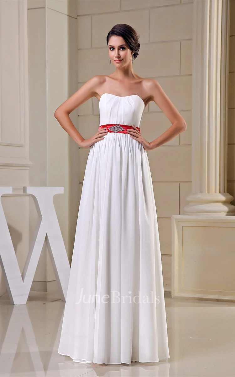 Strapless Pleated Floor-Length Dress with Broach