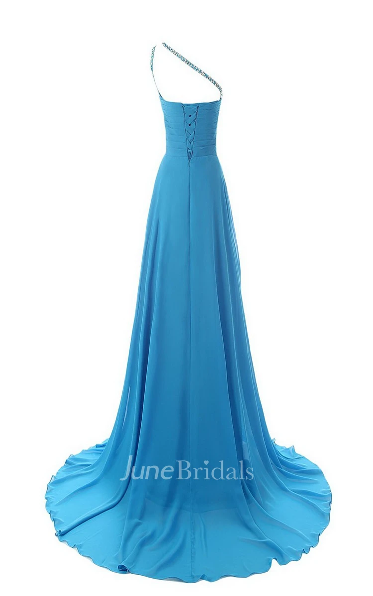 Gorgeous One-shoulder Court Train With Crystal Embellishments