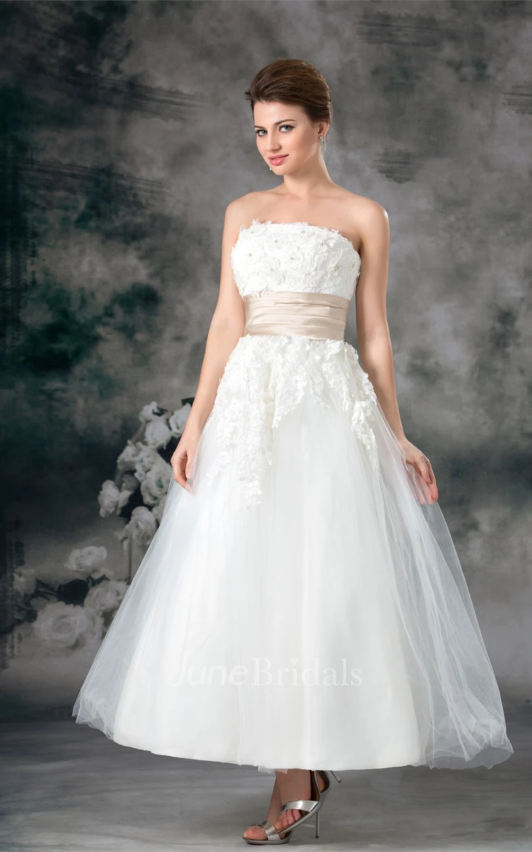 strapless a-line ankle-length gown with tulle overlay and appliques
