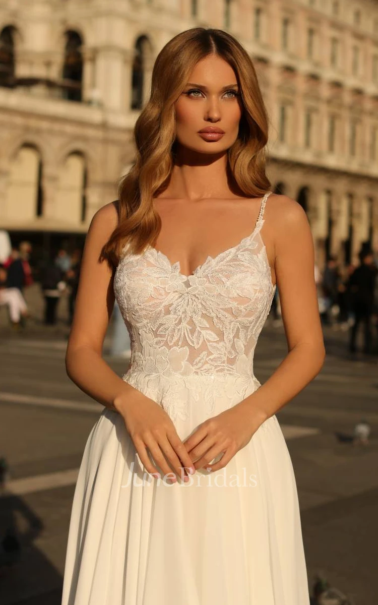 Sexy A-Line Sleeveless Keyhole Lace Wedding Dress with V-neck Sweep Train