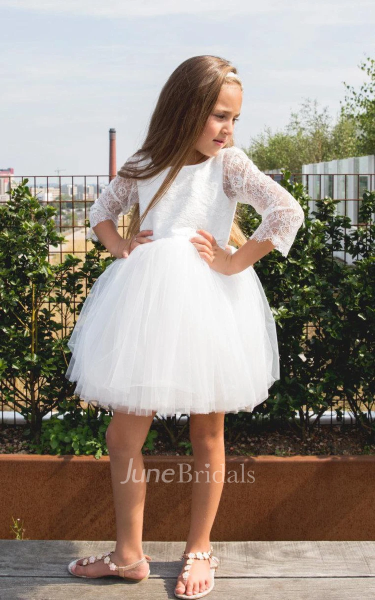 Illusion Long Sleeve Pleated Tulle Dress With Lace Bodice