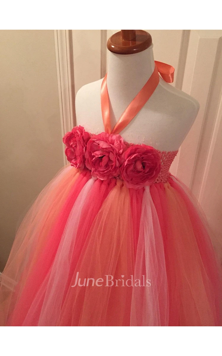 Sleeveless Halter Neck Flower Bust Pleated Tulle Ball Gown With Bow
