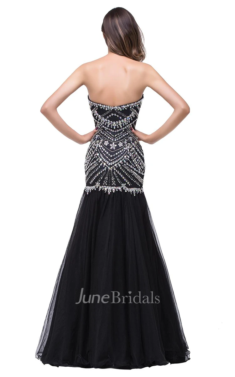 Glamorous Crystals Black Mermaid Prom Dress Sweetheart Sleeveless Zipper