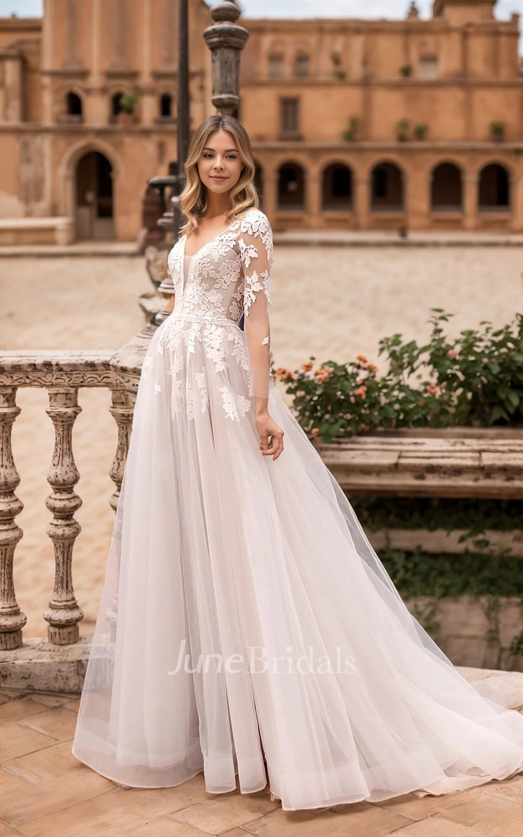Lace V Neck Sheer Back A Line Long Sleeve Wedding Dress Lace V Neck Sheer Back A Line Long Sleeve Wedding Dress