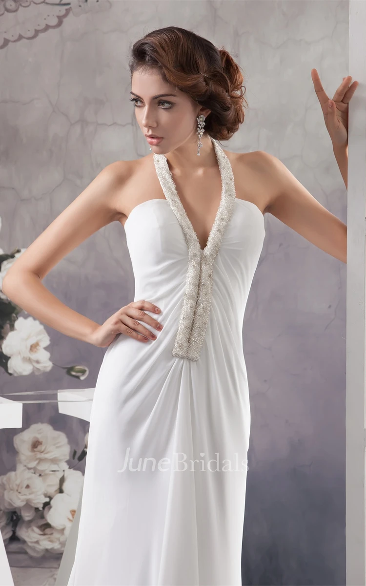 Notched Ankle-Length Chiffon Dress with Beading and Halter