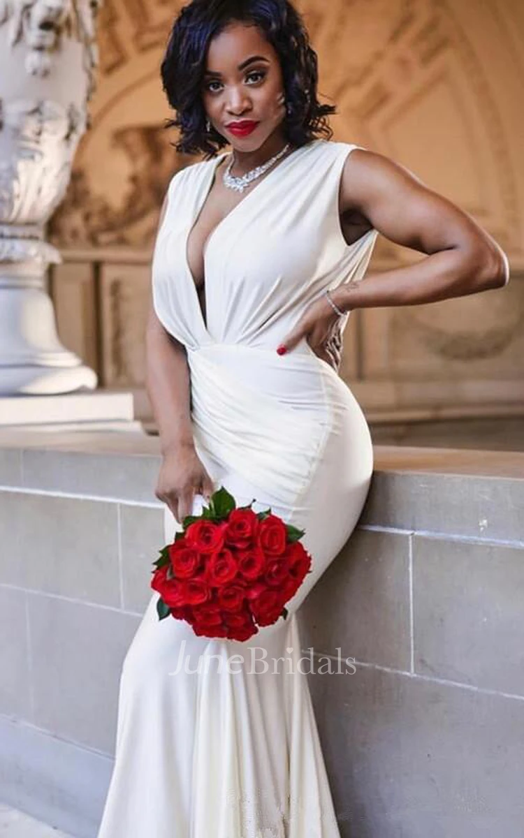 Sexy Glamorous Plus Size Trumpet Deep-V Back Dress with Pleats