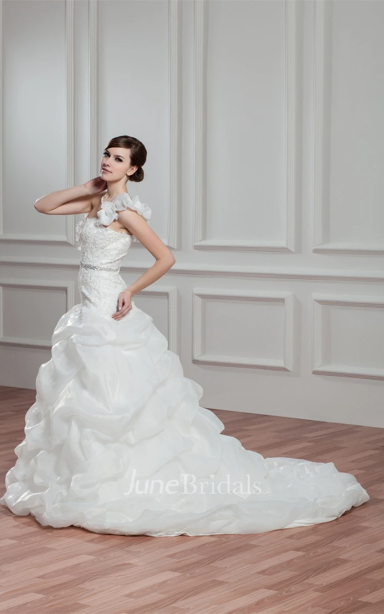 One-Shoulder Pick-Up Ball Gown with Appliques and Gemmed Waist