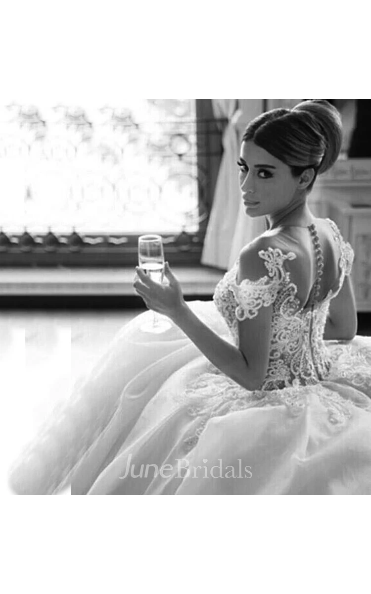 Glamorous Beadings Tulle Ball Gown Wedding Dress Off-the-shoulder Button Back