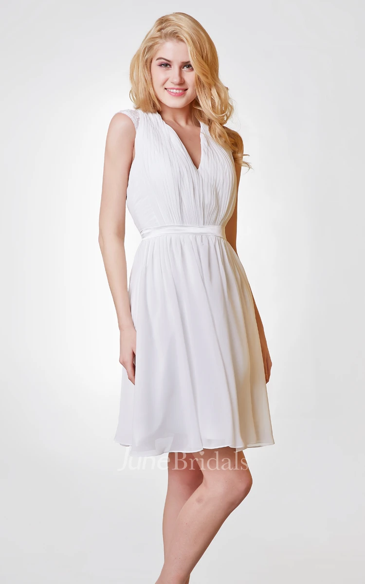 V-neck Appliqued A-line Short Chiffon Dress With Keyhole and Ruching