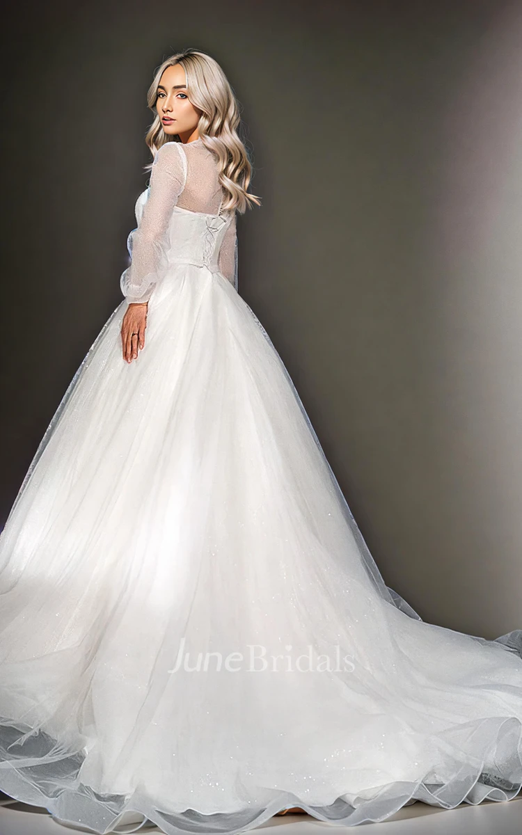 Solid Romantic Plus Size Tulle A-Line Jewel Sweetheart Neck Wedding Dress Simple Modest Floor-length Train Long Puff Sleeve Button Lace-up Back Bridal Gown with Sash