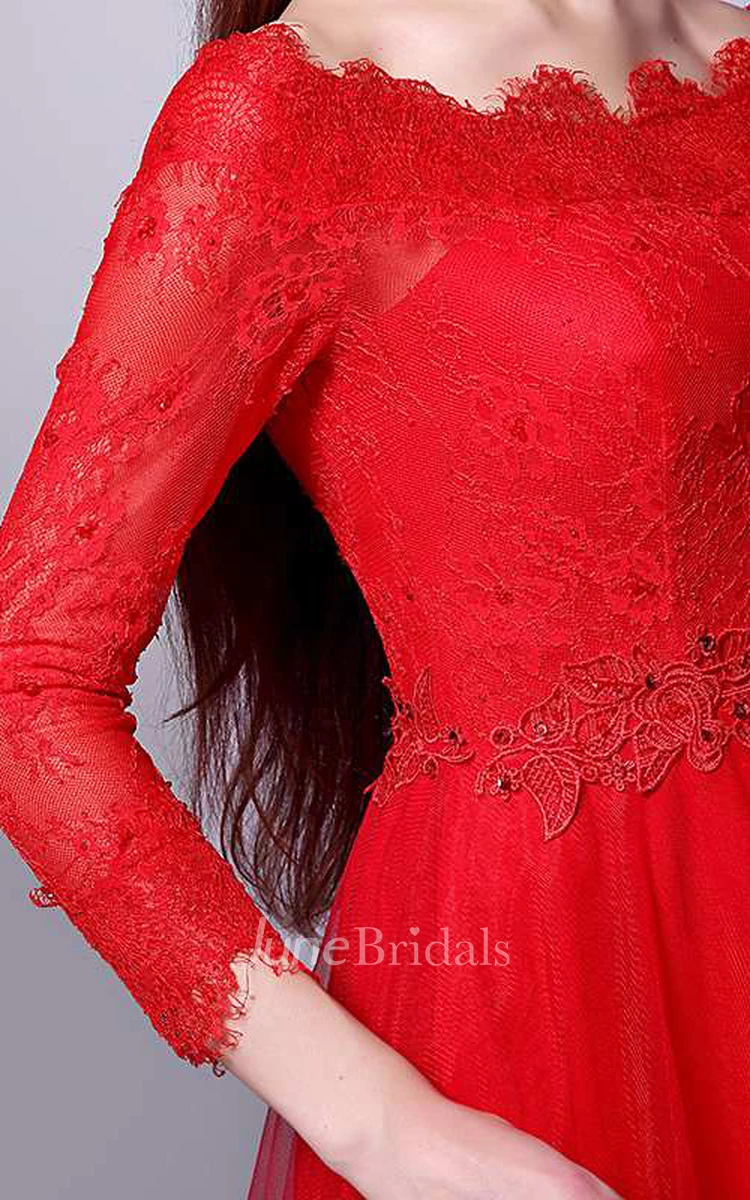 Scalloped Neck Long Lace Sleeve A-line Tulle Gown