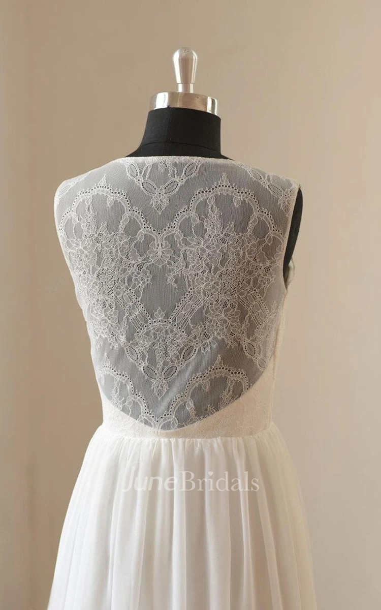 Destination A-Line V-Neck Sleeveless Chiffon Wedding Dress With Lace Bodice