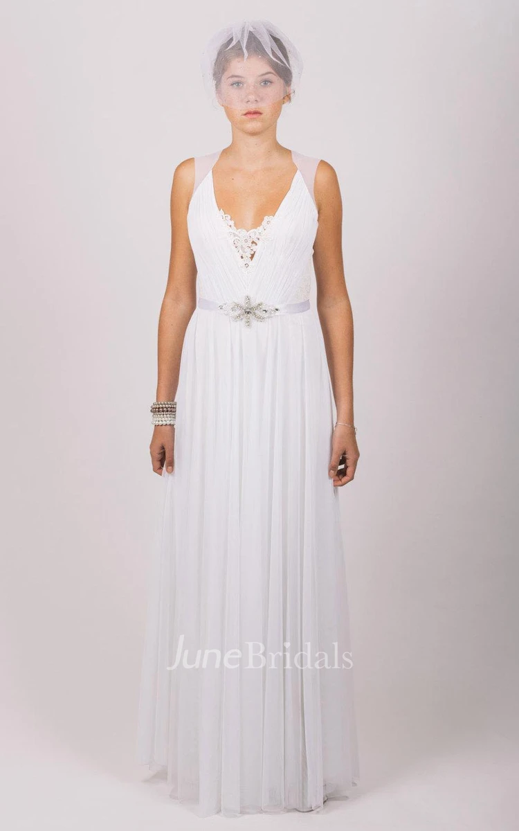 Simple V-Neck Tulle Wedding Dress With Beading Belt