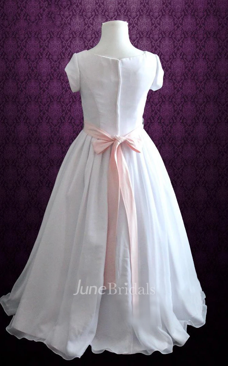 Simple Jewel Neck Cap Sleeve Dress With Sash And Bow