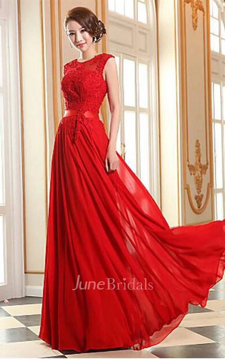 Sexy A-line Jewel Chiffon Prom Dress Lace Appliques