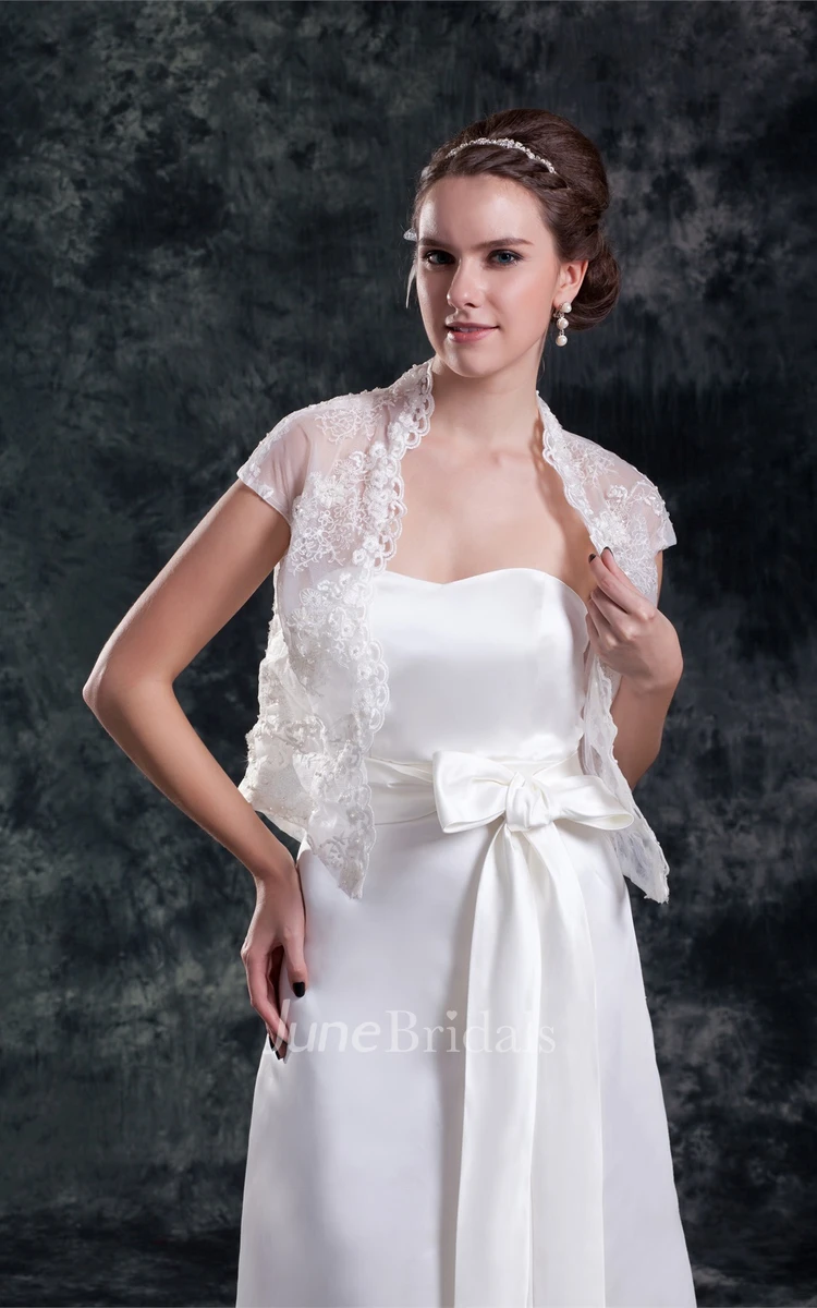 satin sheath floor-length dress with lace jacket and ribbon