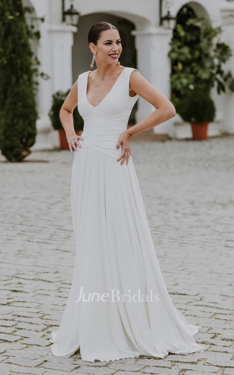 Romantic A-Line V-neck Chiffon Wedding Dress With Deep-V Back And Ruching
