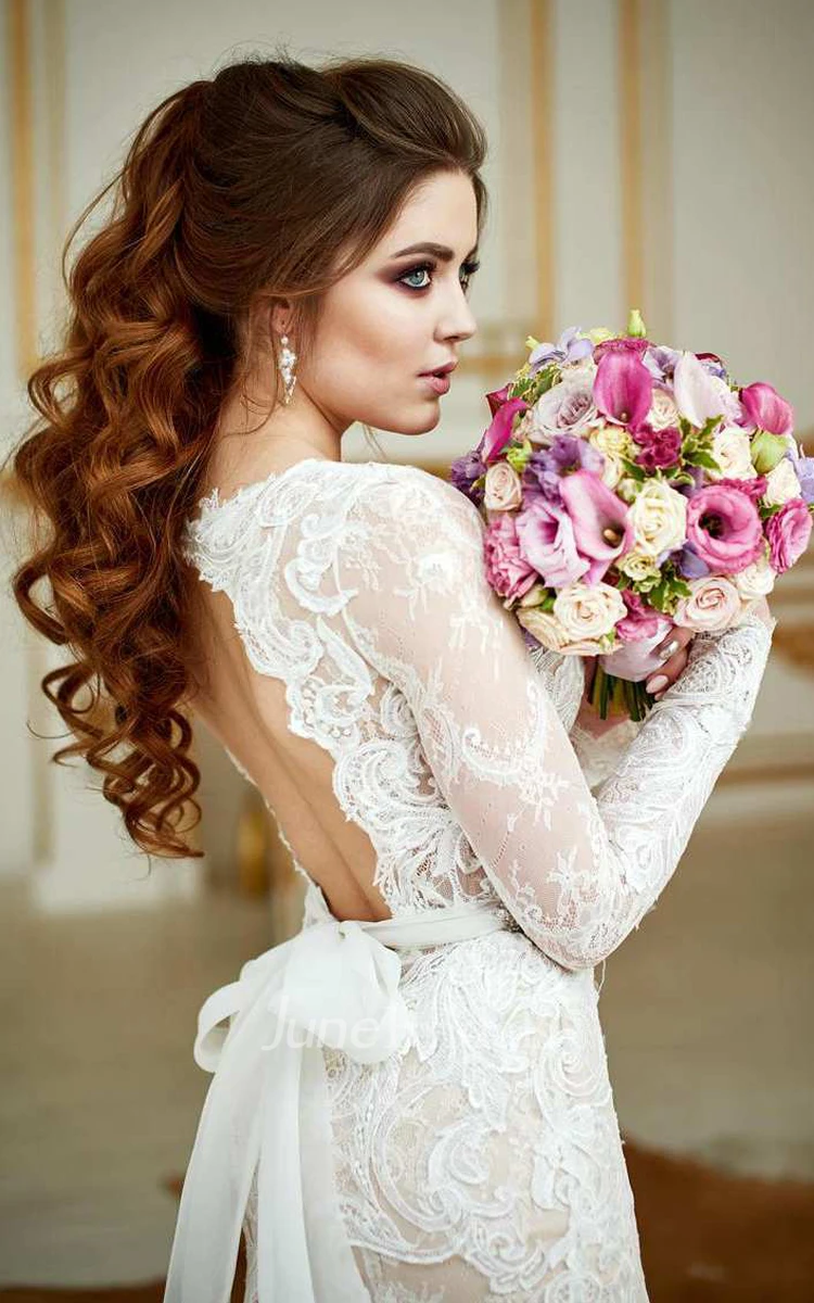 Deep-V-Neck Lace Illusion Long Sleeve Mermaid Beaded Wedding Dress With Skirt