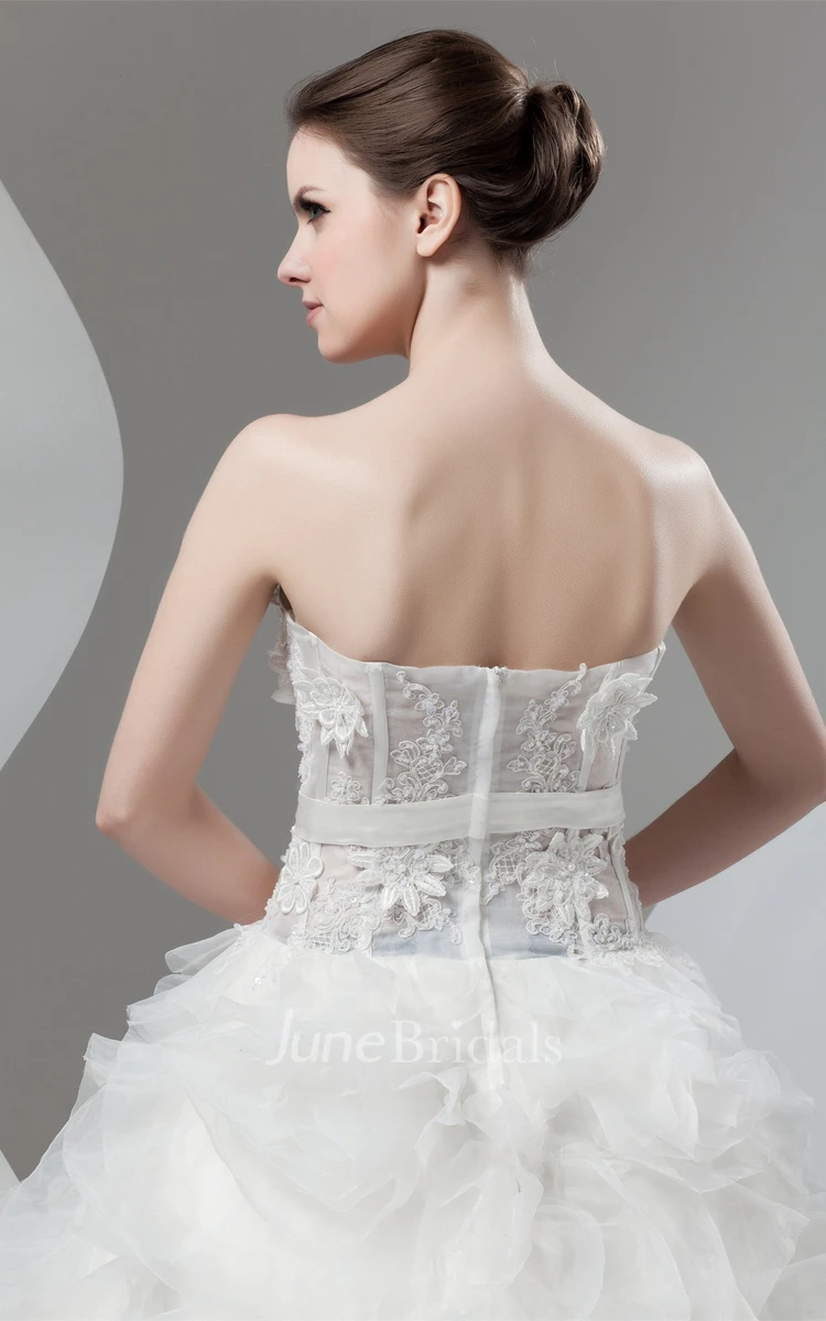 Strapless Ruffled Ball Gown with Flower and Appliques