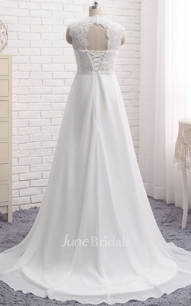 A-line Empire Elegant Queen Anne Lace Chiffon Bridal Dress With Key Hole And Lace-up